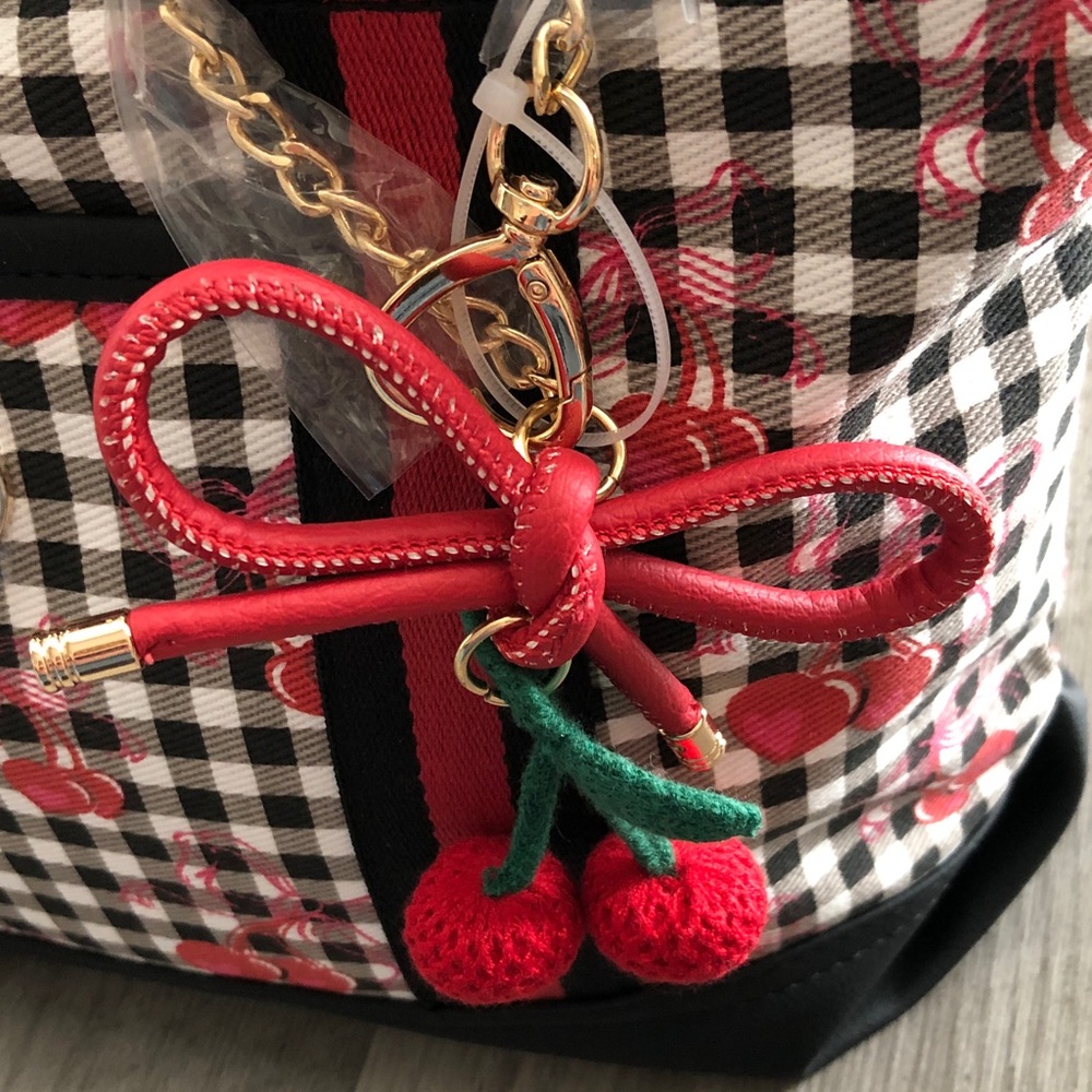 Luv Betsey Betsey Johnson Black & White Gingham & Red Cherry Print Tote Bag NWT - Picture 6 of 16